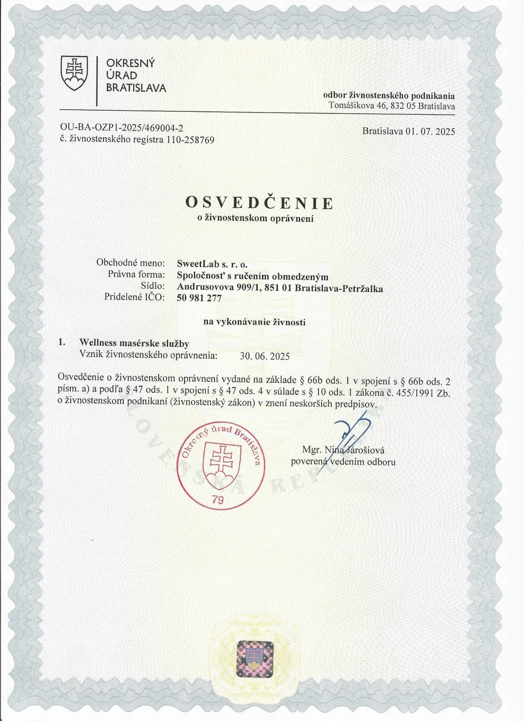 Oprávnenie SweetLab s.r.o. na Wellness masérske služby